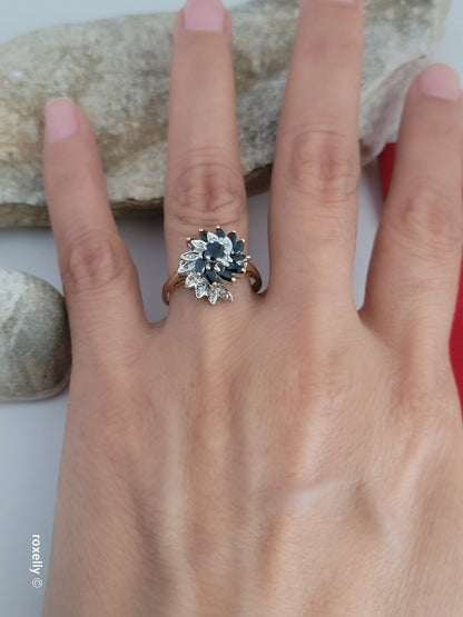 ❤️10k Size 7.75 Amazing Solid Yellow Gold Dark Sapphire and Diamond Ring!