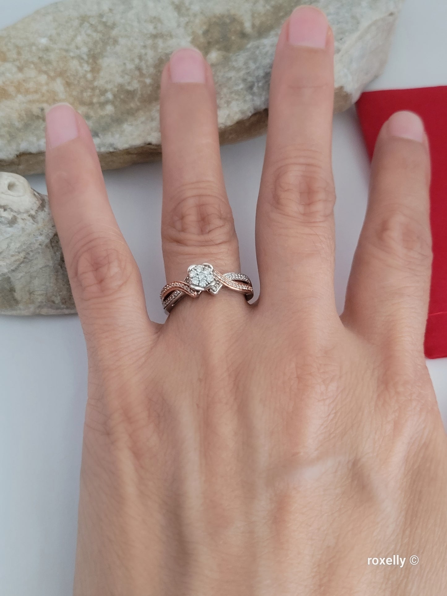 ❤️Size 6.75 Fancy Sterling Silver & 10k Solid Rose Gold Genuine Diamond Ring!