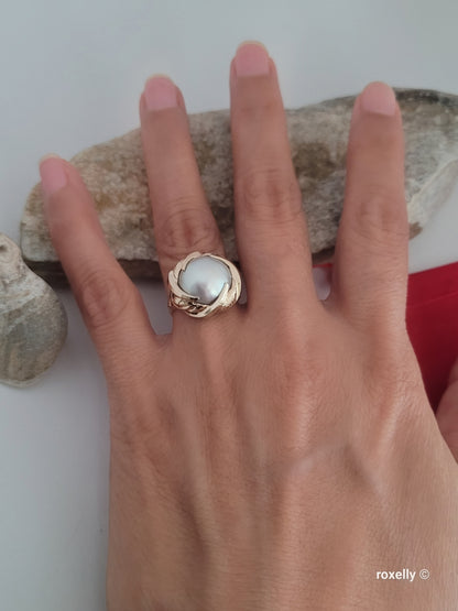 ❤️14k Size 6.75 Gorgeous Solid Yellow Gold Natural Grey Pearl Ring!
