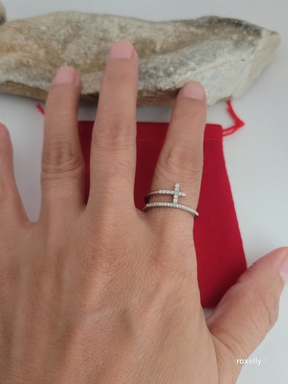 ❤️925 Size 6.75 Sterling Silver Diamond Cross Split Shank Stacked Ring!