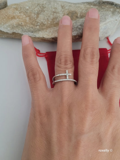 ❤️925 Size 6.75 Sterling Silver Diamond Cross Split Shank Stacked Ring!