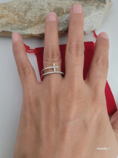 ❤️925 Size 6.75 Sterling Silver Diamond Cross Split Shank Stacked Ring!