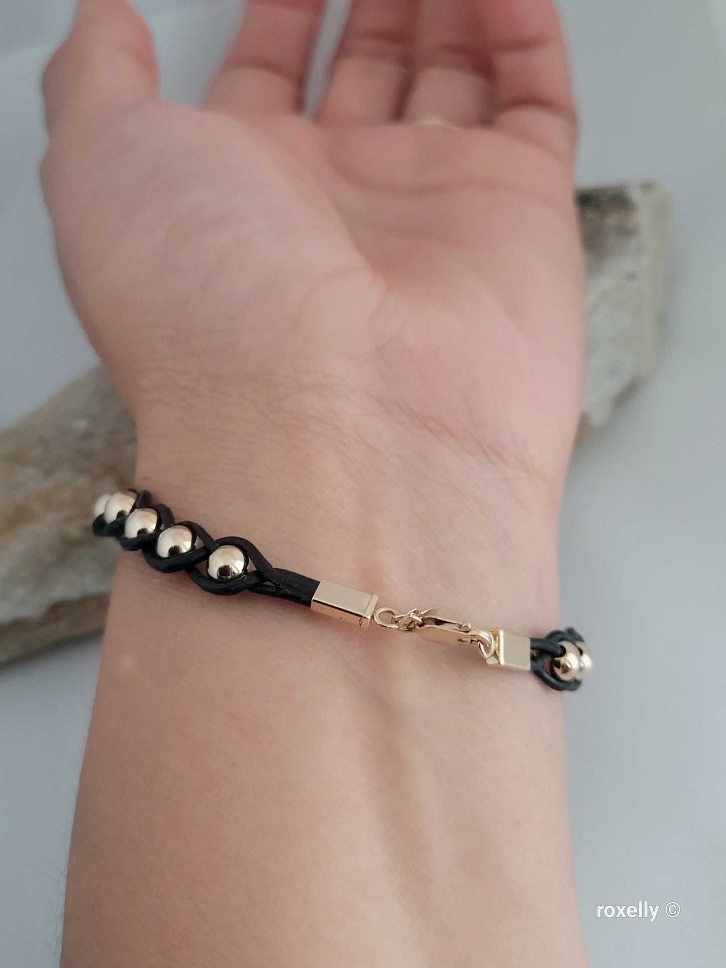 14K Yellow Gold Beads and Black Leather Bracelet, Solid Gold Accent!