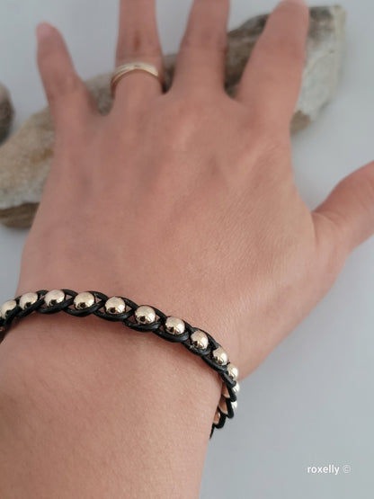 14K Yellow Gold Beads and Black Leather Bracelet, Solid Gold Accent!