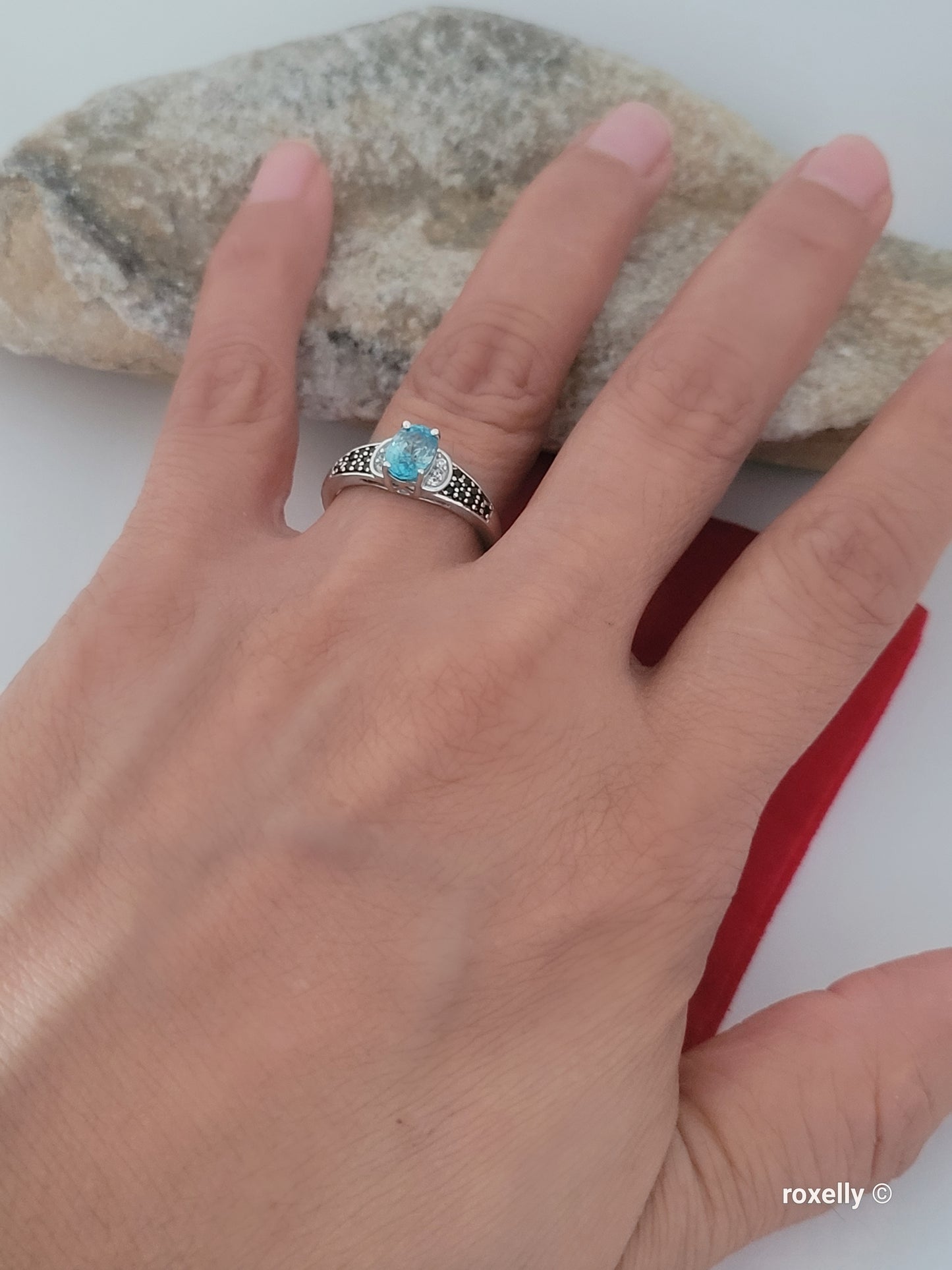 ❤️925 Size 7 Fancy Sterling Silver Blue and White Topaz with Black CZ Ring!