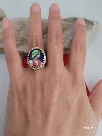 ❤️14k Size 7.25 Antique Solid Yellow Gold  Woman Portrait France Enamel Imperial Ring!