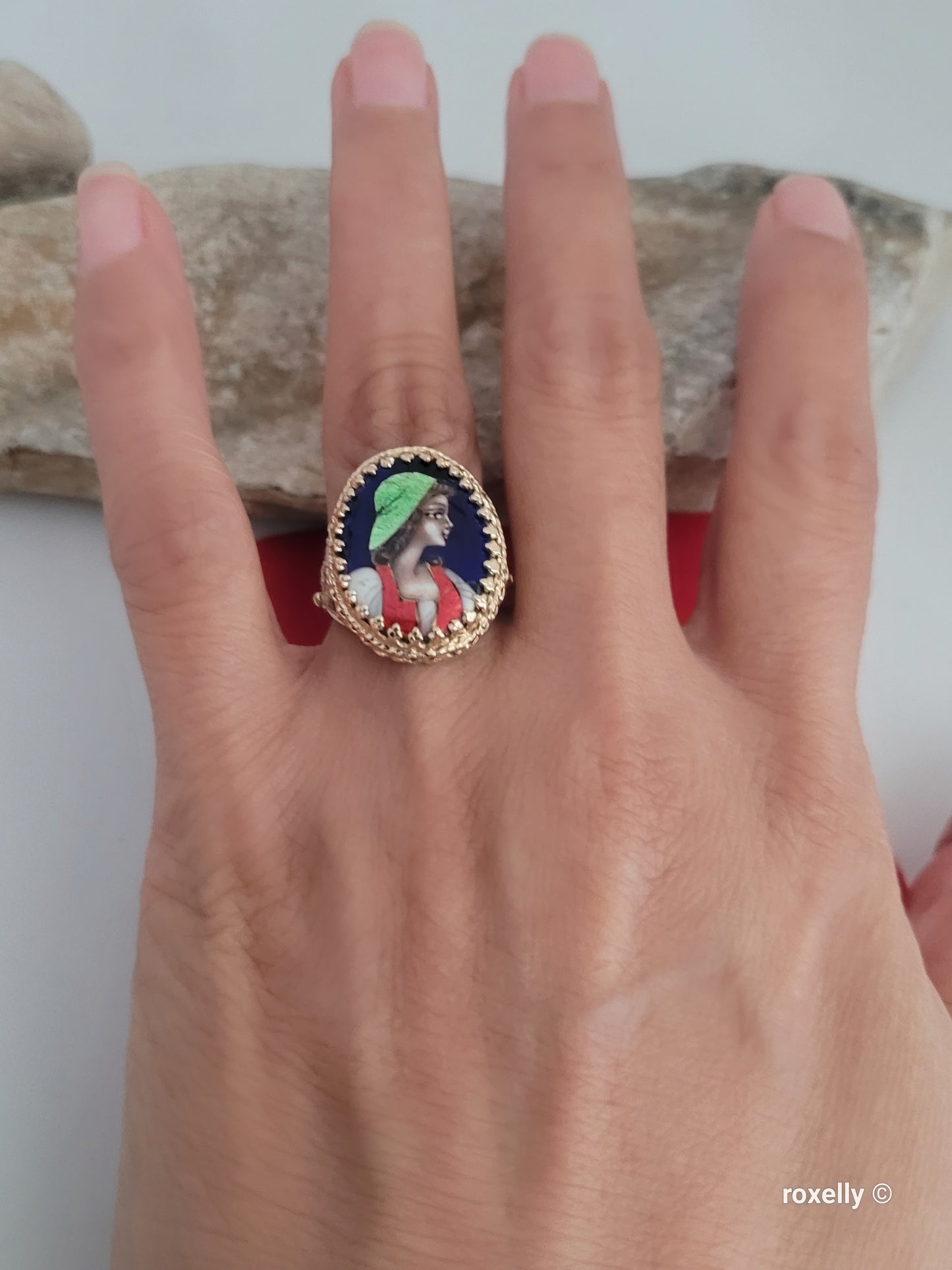 ❤️14k Size 7.25 Antique Solid Yellow Gold  Woman Portrait France Enamel Imperial Ring!