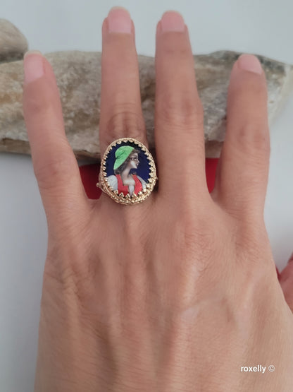 ❤️14k Size 7.25 Antique Solid Yellow Gold  Woman Portrait France Enamel Imperial Ring!
