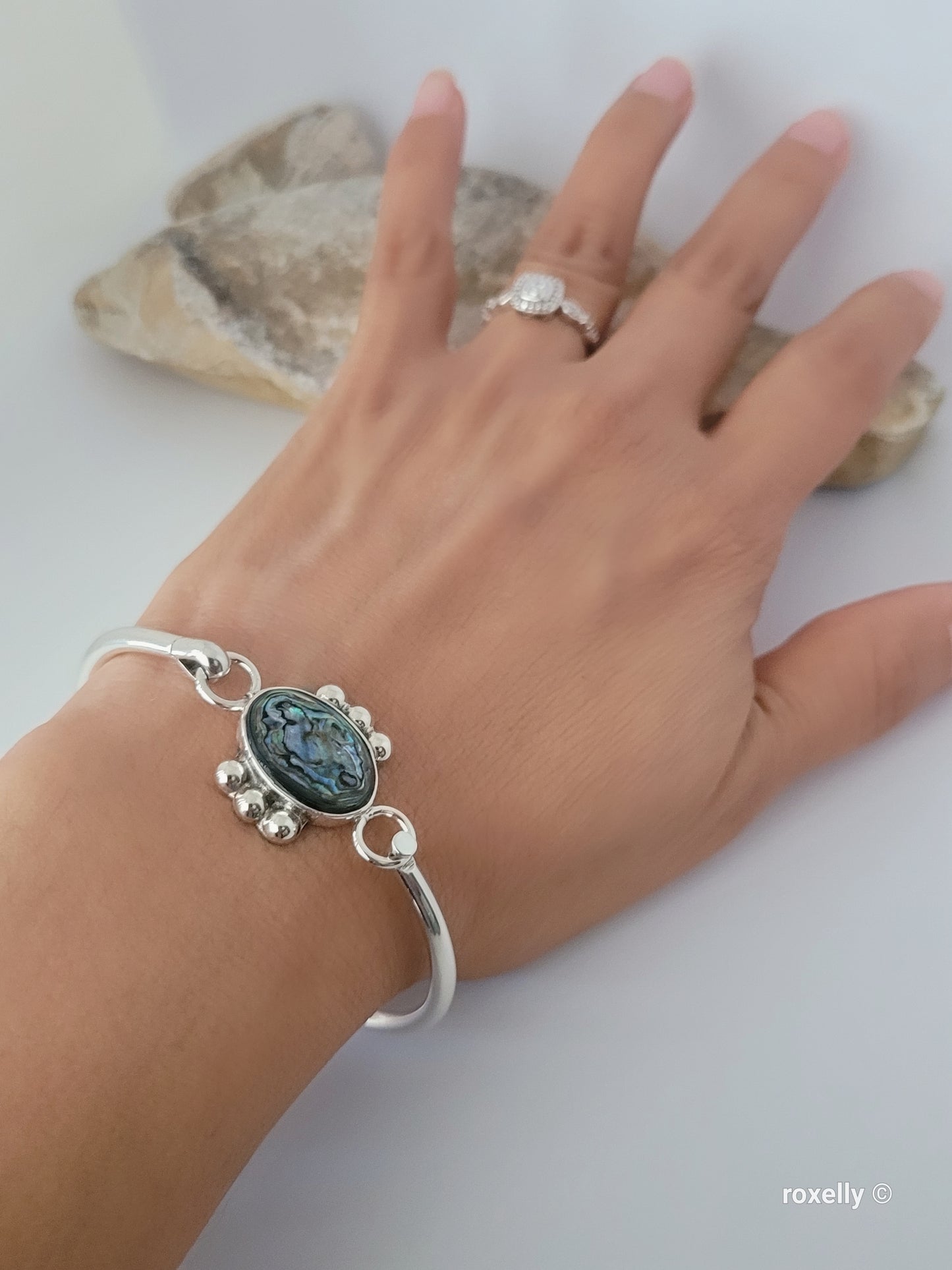 ❤️925 Precious Sterling Silver Paua Shell Bangle Design Bracelet!