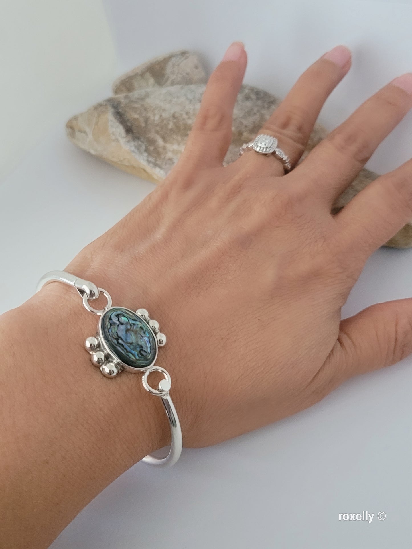 ❤️925 Precious Sterling Silver Paua Shell Bangle Design Bracelet!