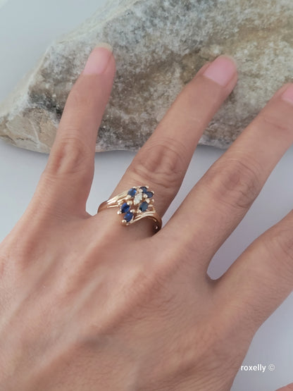 ❤️14k Size 7.75 Vintage Solid Yellow Gold Sapphire and Genuine Diamonds Ring!