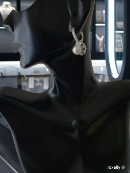 ❤️Precious Sterling Silver Fresh-Water Pearl, White and Blue Cubic Zirconia Drop Earrings!