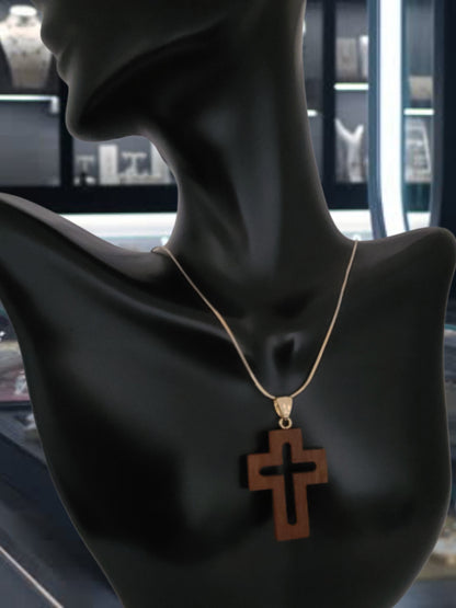 18K Yellow Gold Bail & Roman Wood Cross – Made in Italy