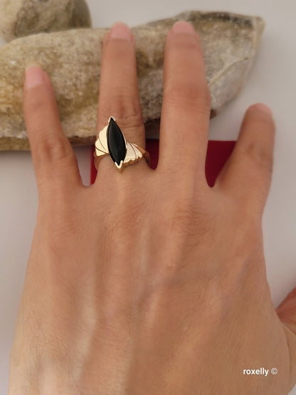 10K Yellow Gold Onyx Gemstone Bypass Ring Size 6.25 Solid Gold