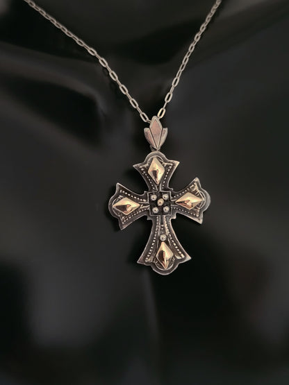 950 Oxidized Silver and 14k Solid Gold Cross-Shaped Vintage Pendant