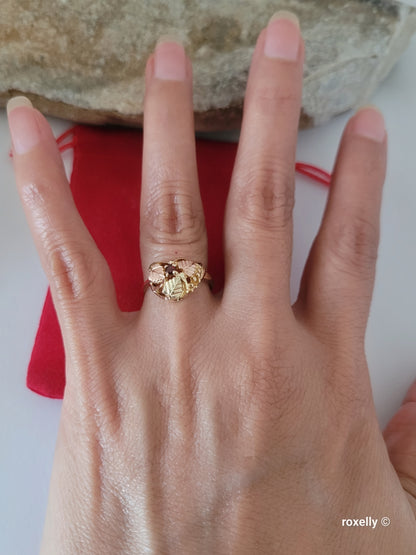 10K Rose and Yellow Gold Garnet and Leaves Black Hills Ring Size 6.5 Solid Gold