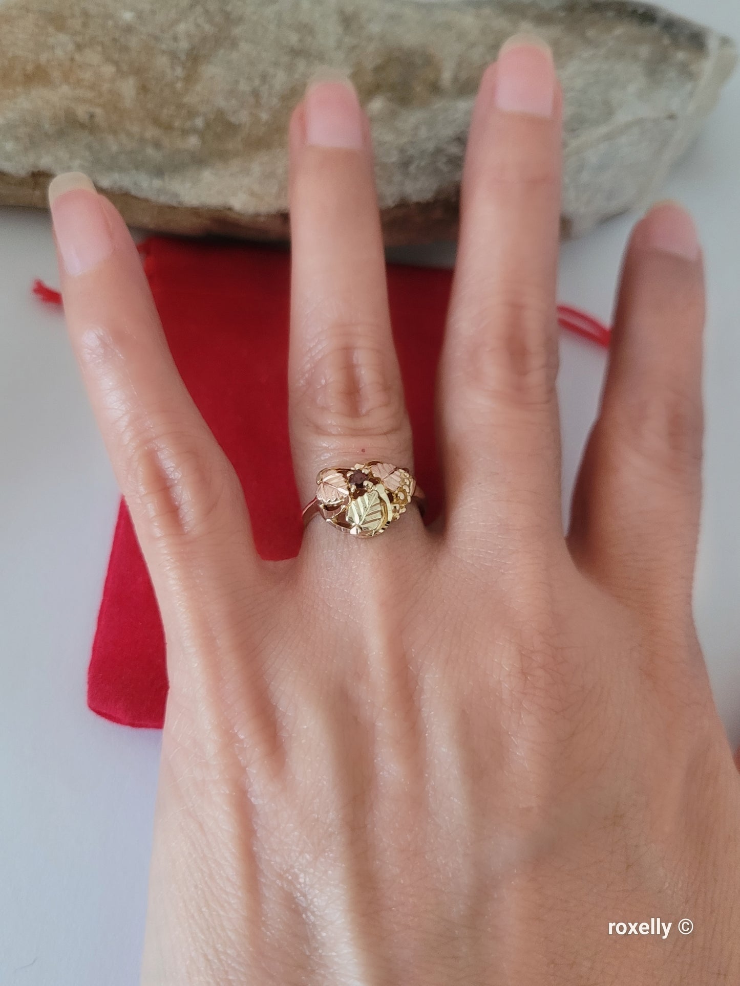 10K Rose and Yellow Gold Garnet and Leaves Black Hills Ring Size 6.5 Solid Gold