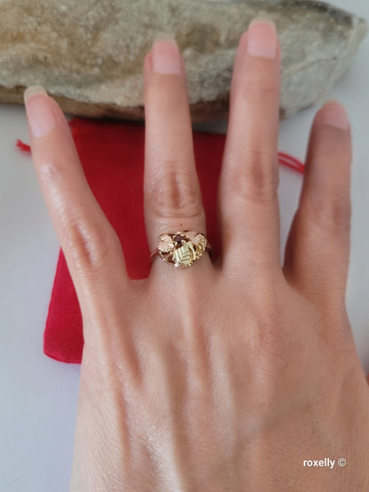 10K Rose and Yellow Gold Garnet and Leaves Black Hills Ring Size 6.5 Solid Gold