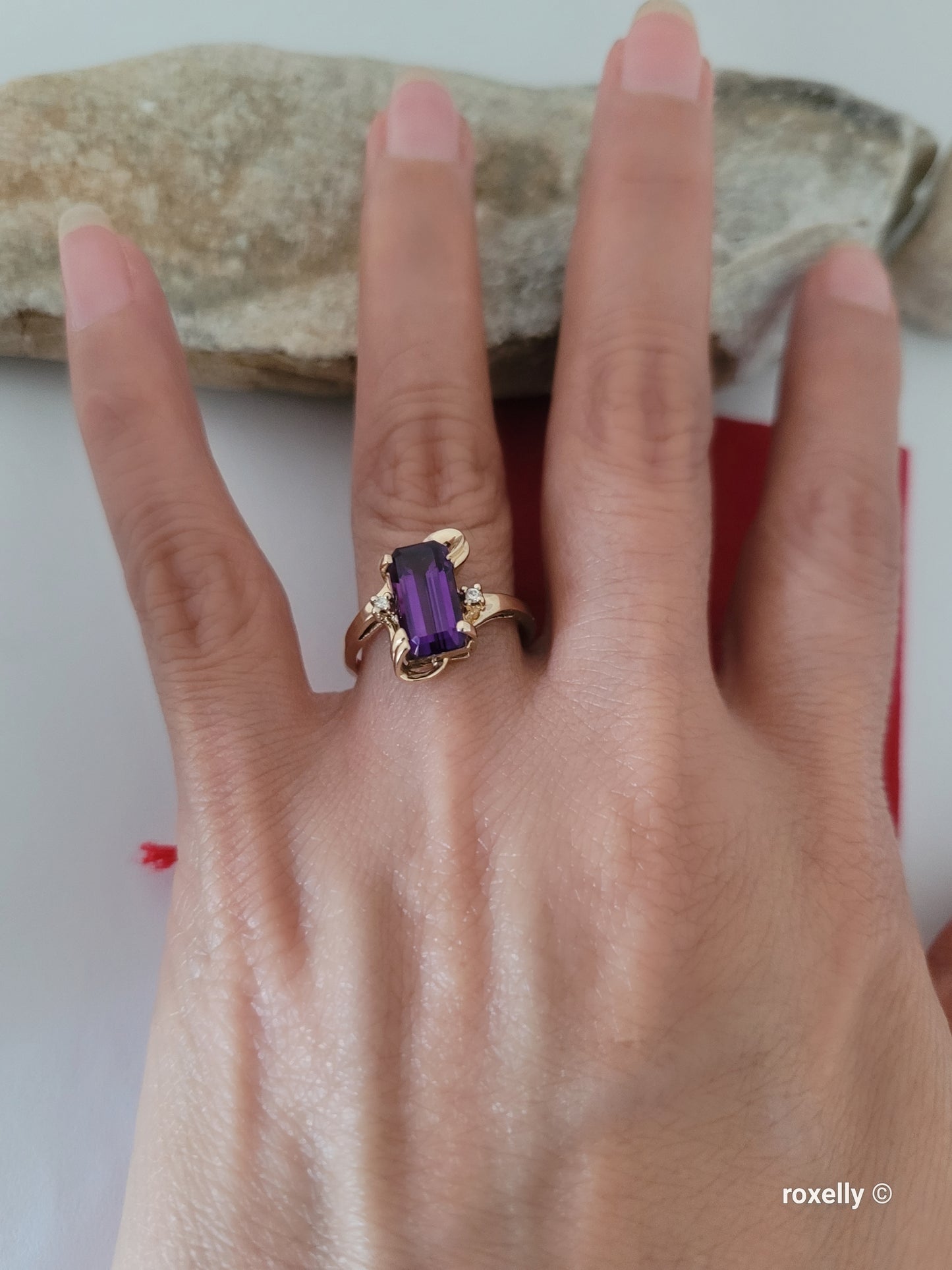 14K Yellow Gold Amethyst and Diamonds Ring Size 8 Solid Gold