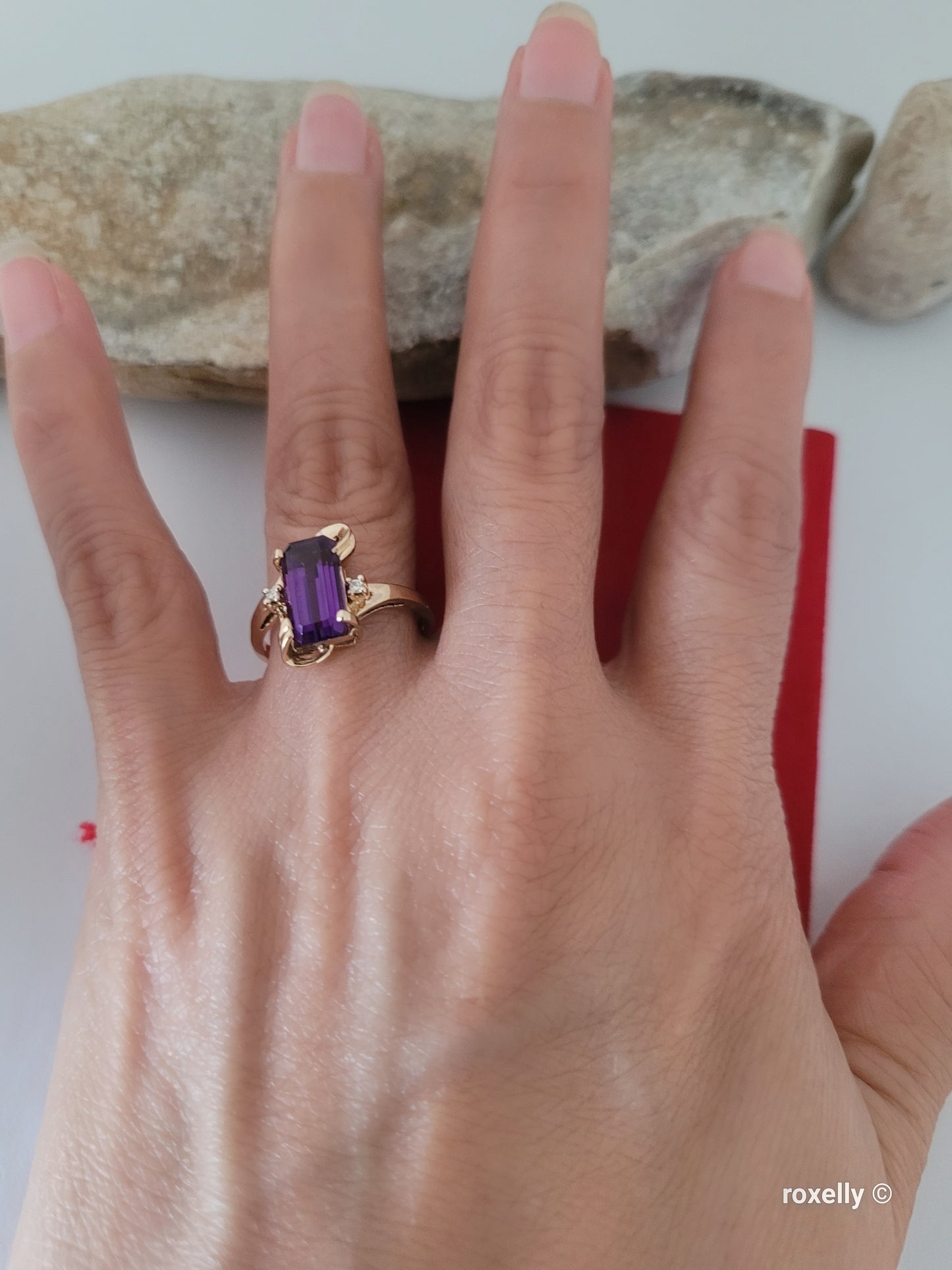 14K Yellow Gold Amethyst and Diamonds Ring Size 8 Solid Gold