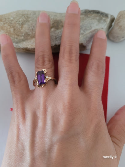 14K Yellow Gold Amethyst and Diamonds Ring Size 8 Solid Gold