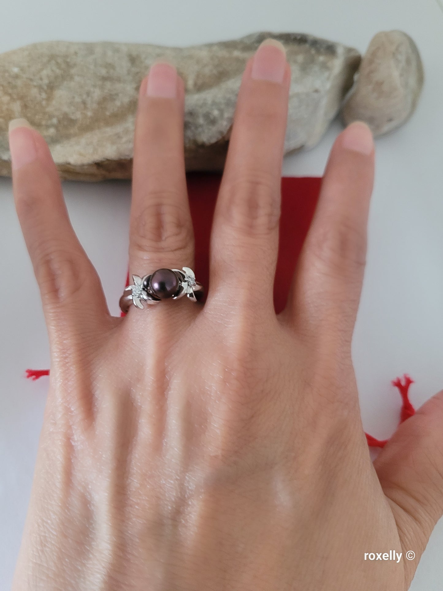 14K White Gold Purple Fresh-Water Pearl and Diamonds Ring Size 8.75 Solid Gold