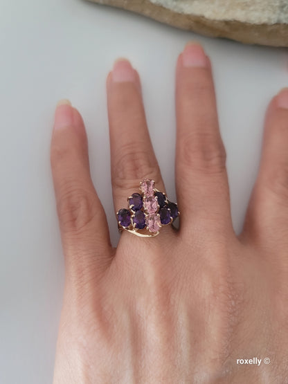 ❤️10K Yellow Gold Amethyst and  Pink Tourmaline Ring Size 5.5 Solid Gold