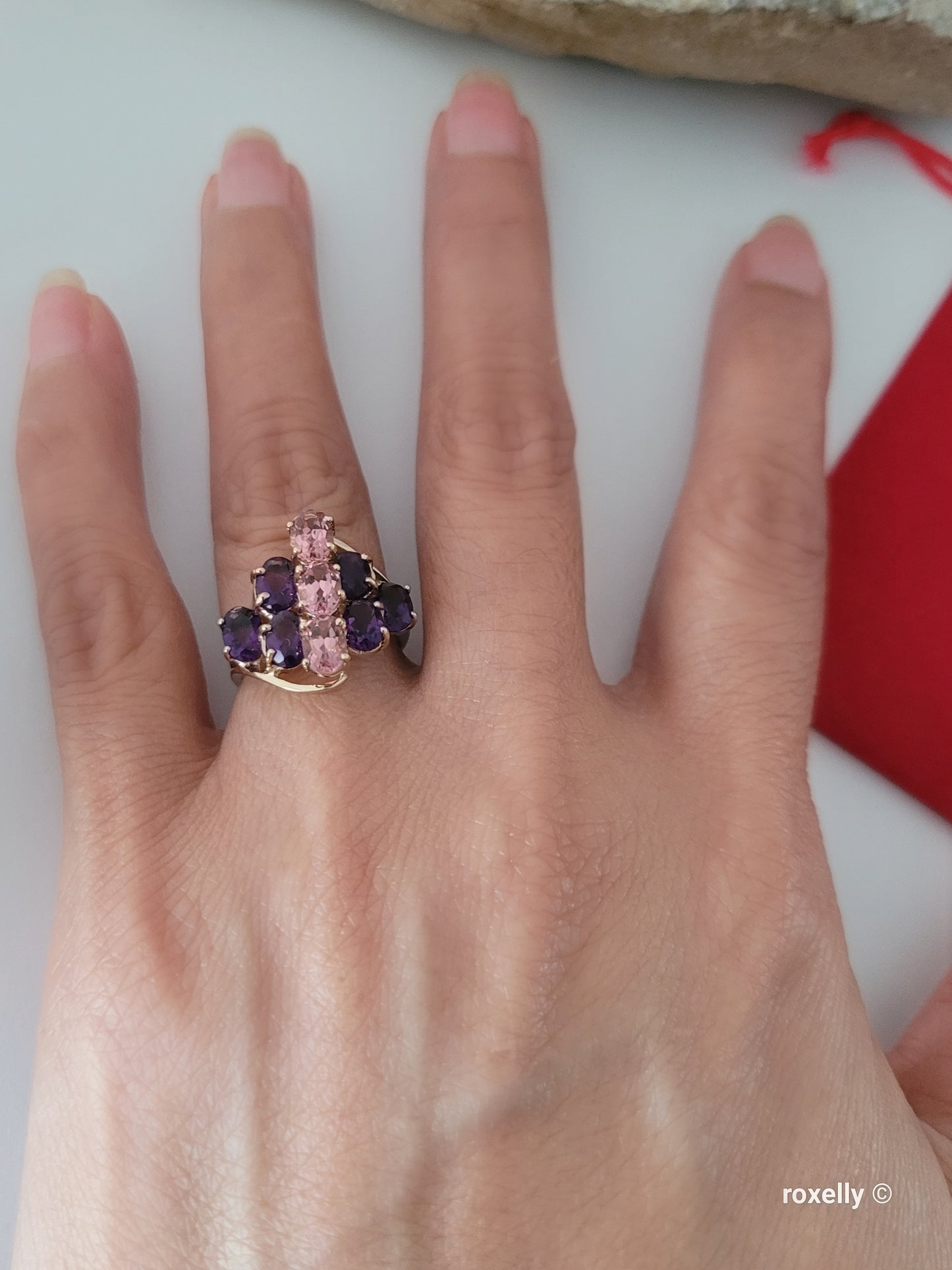❤️10K Yellow Gold Amethyst and  Pink Tourmaline Ring Size 5.5 Solid Gold