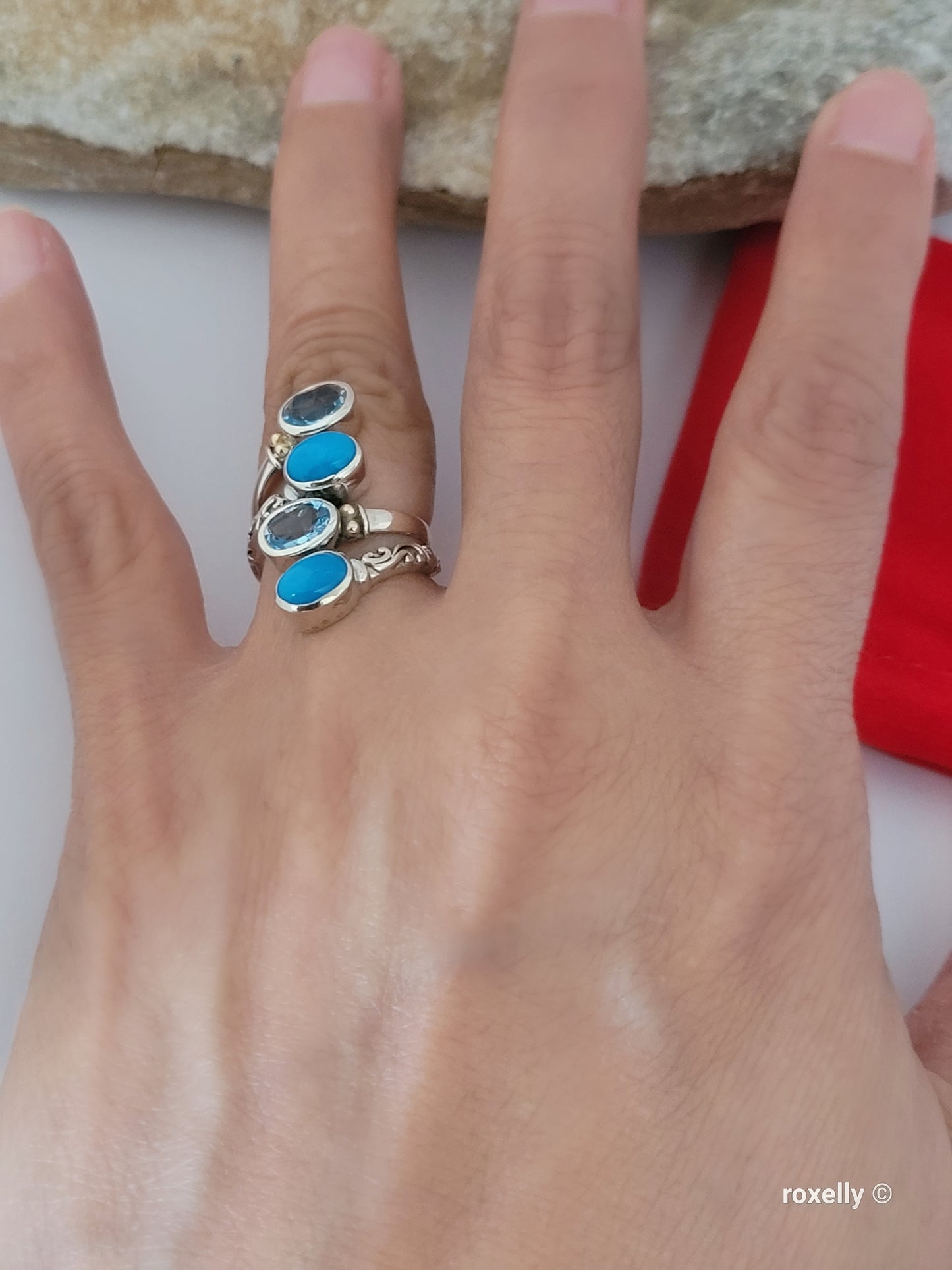 925 Sterling Silver and 18K Yellow Gold Blue Topaz and Turquoise Ring Size 5!