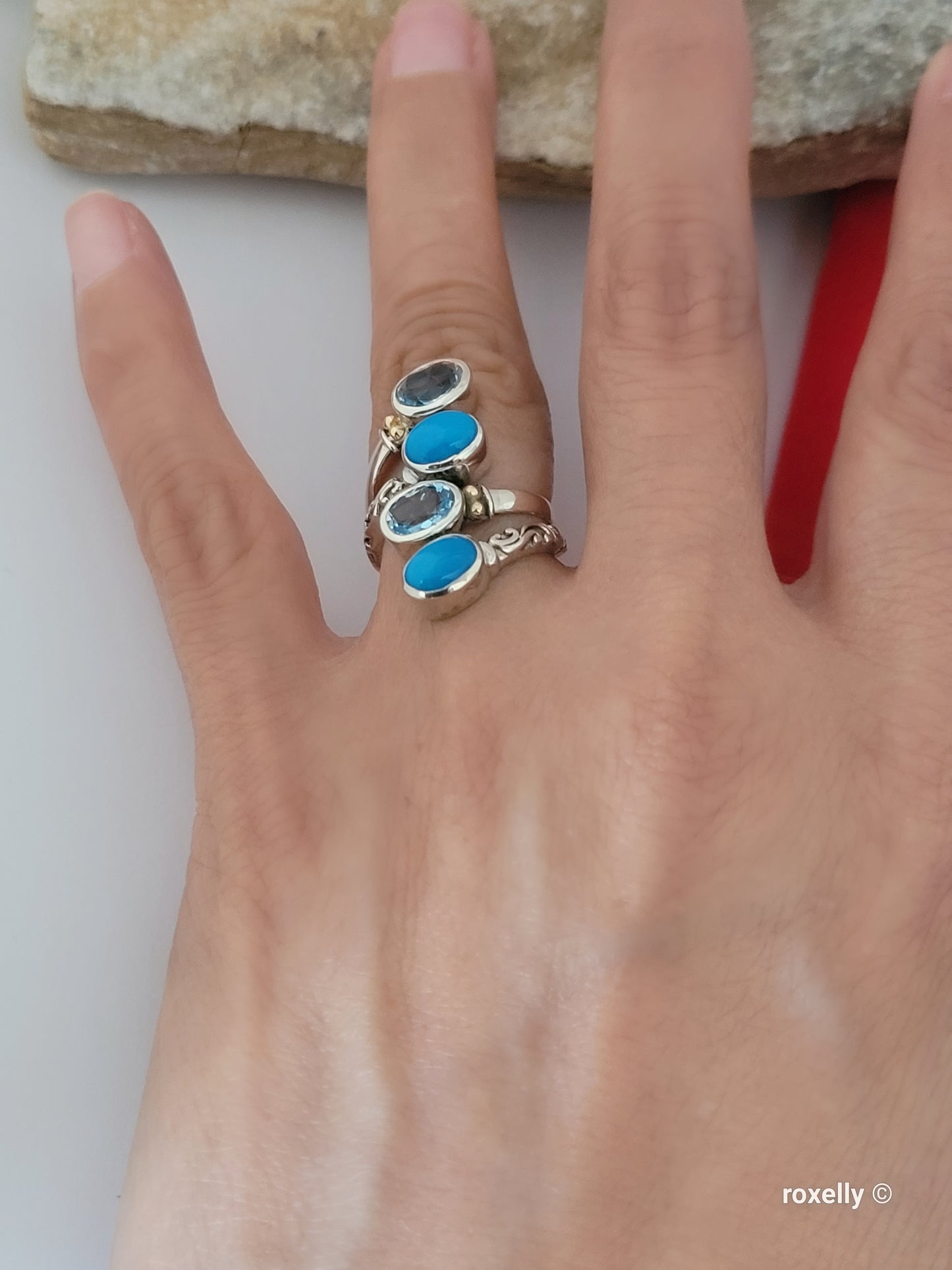 925 Sterling Silver and 18K Yellow Gold Blue Topaz and Turquoise Ring Size 5!