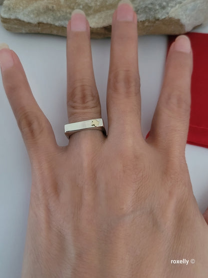 925 Sterling Silver and 14K Solid Gold “Peace” Square Ring Size 6.75