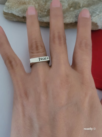 925 Sterling Silver and 14K Solid Gold “Peace” Square Ring Size 6.75
