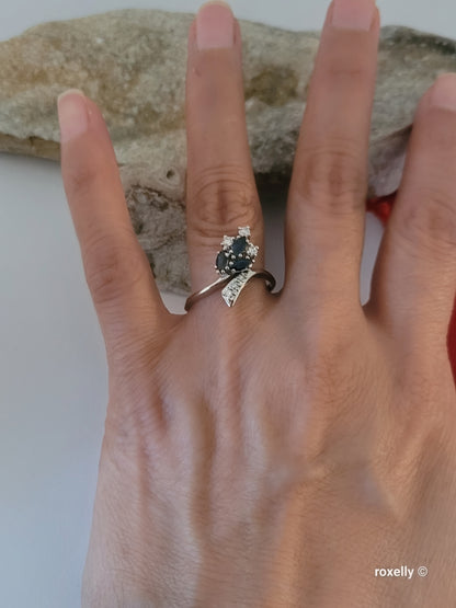 14K White Gold Sapphires and Genuine Diamonds Ring Size 9.25, Solid Gold