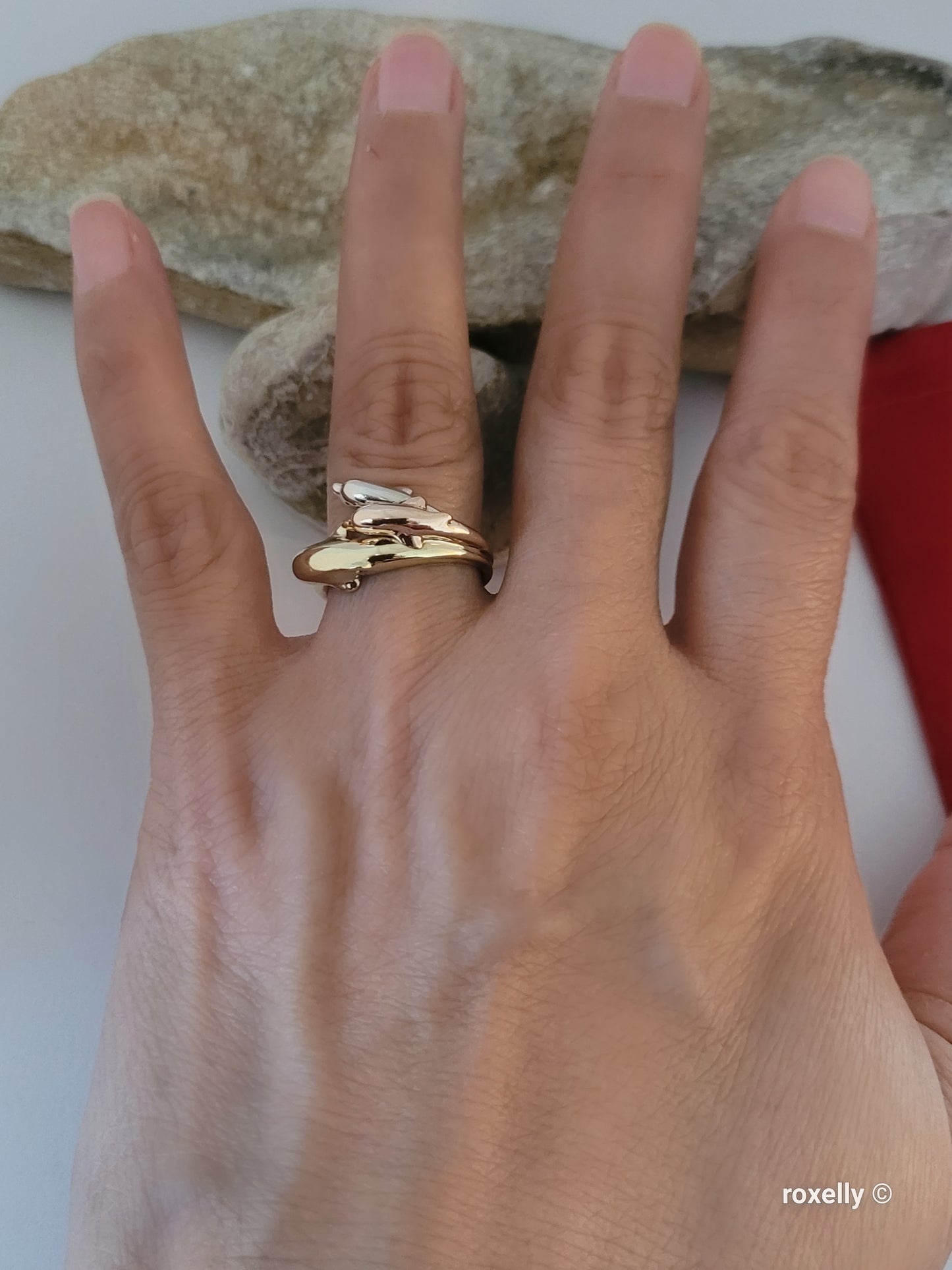 10K Three-Tone Gold Dolphin Design Ring Size 7, Solid Gold