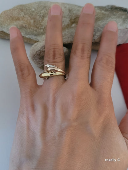 10K Three-Tone Gold Dolphin Design Ring Size 7, Solid Gold