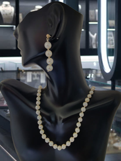 Vintage Freshwater Pearl Necklace & Earrings Set – 14K Yellow Gold Clasp, Posts & Backs
