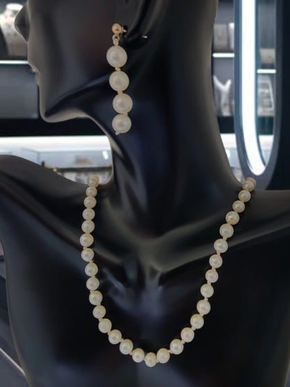 Vintage Freshwater Pearl Necklace & Earrings Set – 14K Yellow Gold Clasp, Posts & Backs