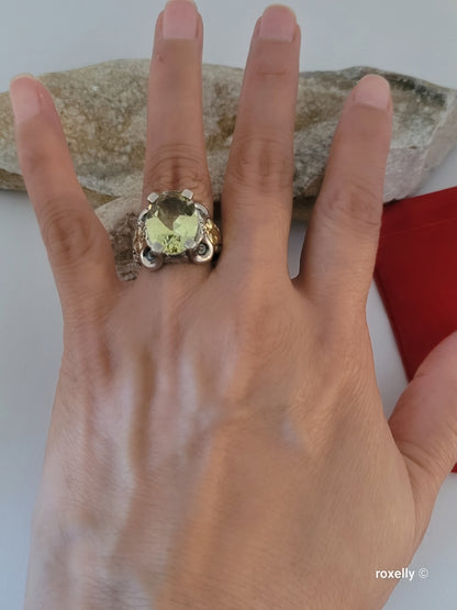 925 Sterling Silver and 18K Solid Gold Green Amethyst Ring Size 7, Made in Thailand