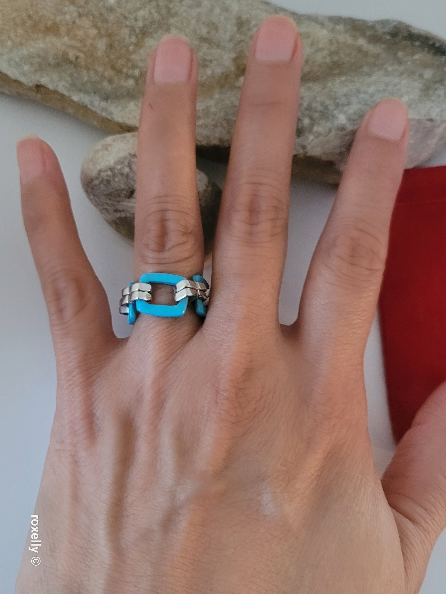 Turquoise Flexible Link Ring in 925 Sterling Silver, Size 8, Colleen Lopez HSN Statement Jewelry 👌🎁