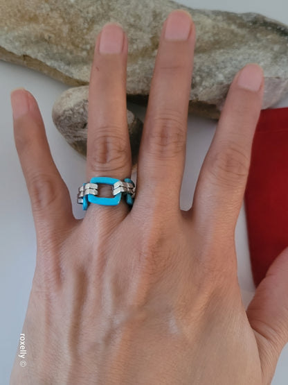 Turquoise Flexible Link Ring in 925 Sterling Silver, Size 8, Colleen Lopez HSN Statement Jewelry 👌🎁