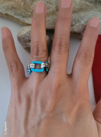 Turquoise Flexible Link Ring in 925 Sterling Silver, Size 8, Colleen Lopez HSN Statement Jewelry 👌🎁
