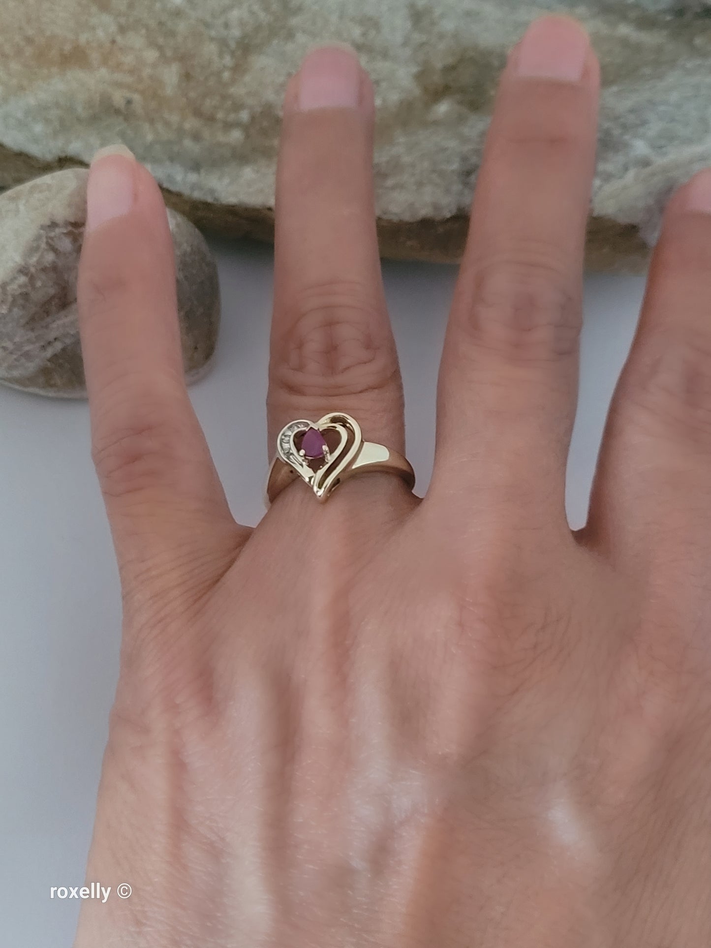 10K Yellow Gold Heart-Shaped Ruby and Diamonds Ring Size 7, Solid Gold
