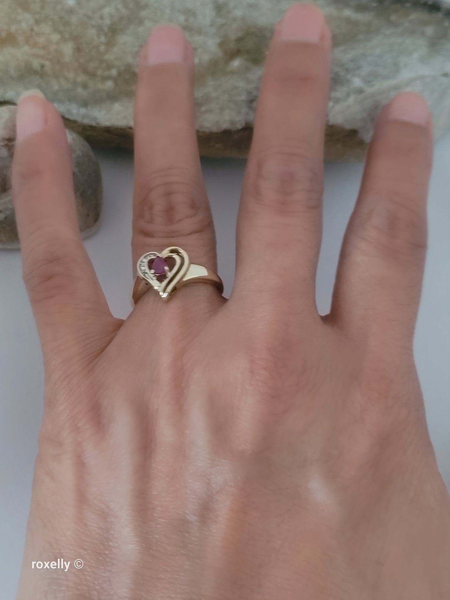10K Yellow Gold Heart-Shaped Ruby and Diamonds Ring Size 7, Solid Gold