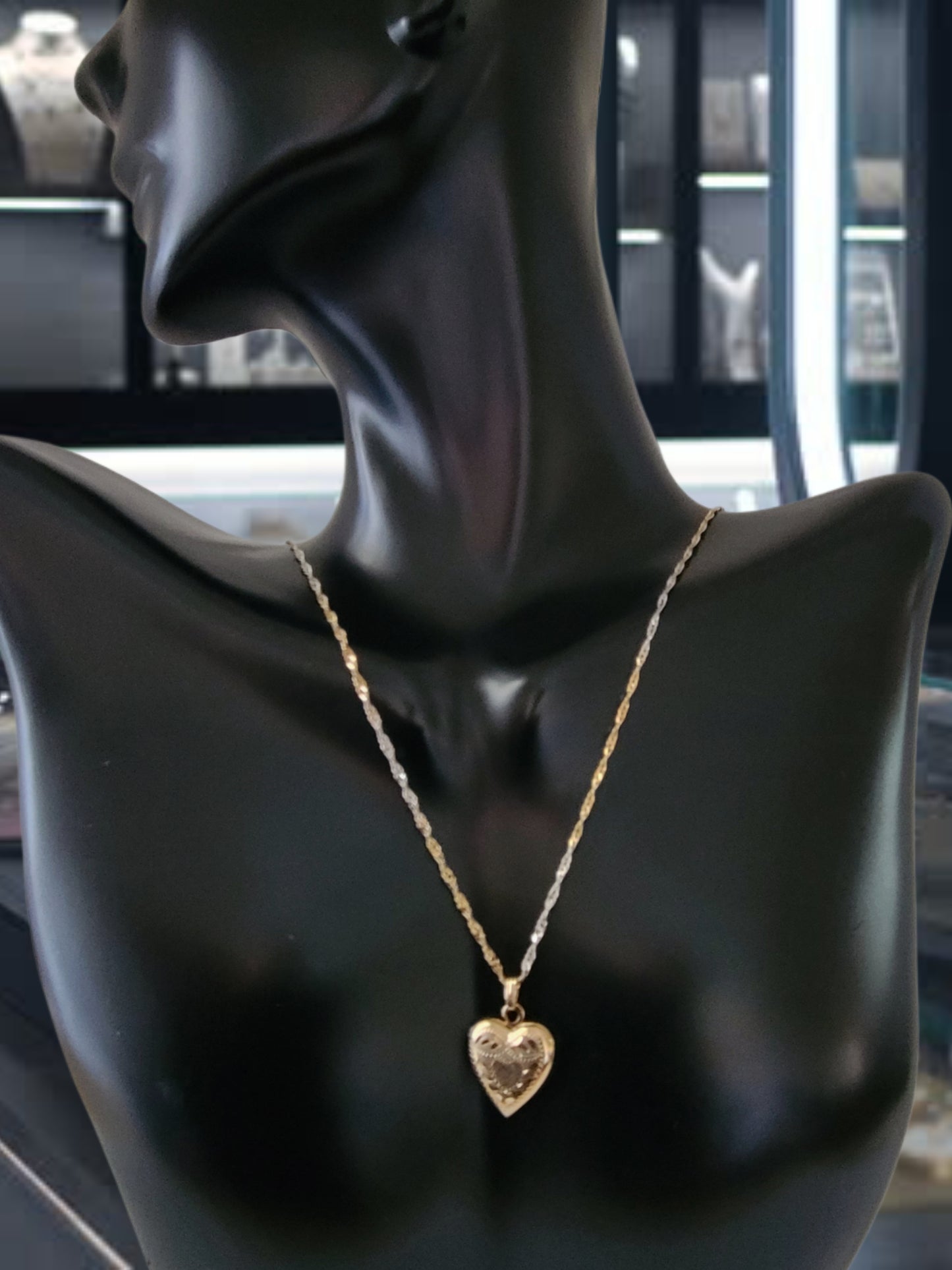 14K Two-Tone of Gold Singapore Chain Necklace, and Heart-Shaped Locket, Made in Italy
