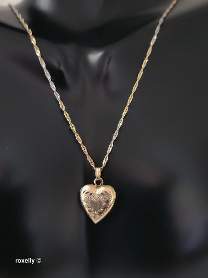 14K Two-Tone of Gold Singapore Chain Necklace, and Heart-Shaped Locket, Made in Italy