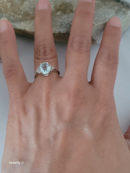 10K White Gold Aquamarine and Diamonds Ring Size 6.75, Solid Gold