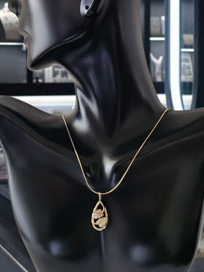 10K Black Hills, Yellow and Rose Gold Leaves and Onyx Teardrop Pendant, Solid Gold