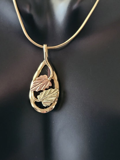 10K Black Hills, Yellow and Rose Gold Leaves and Onyx Teardrop Pendant, Solid Gold