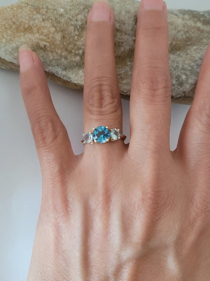 10K Yellow Gold Blue Topaz and Aquamarine Ring Size 6.5, Solid Gold