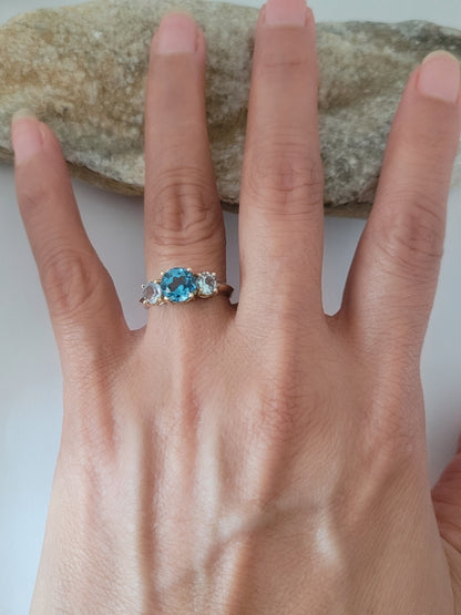 10K Yellow Gold Blue Topaz and Aquamarine Ring Size 6.5, Solid Gold